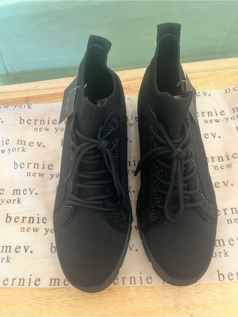 bernie mev. Women’s Black Knit Lace-Up Sneaker with black rhinestones